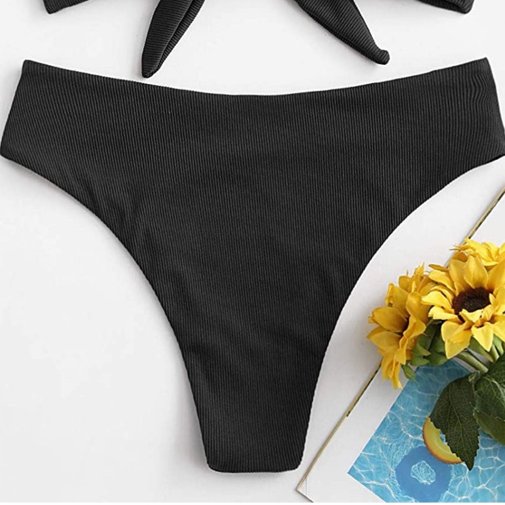 Zaful Black Ribbed High Cut Bikini Bottom